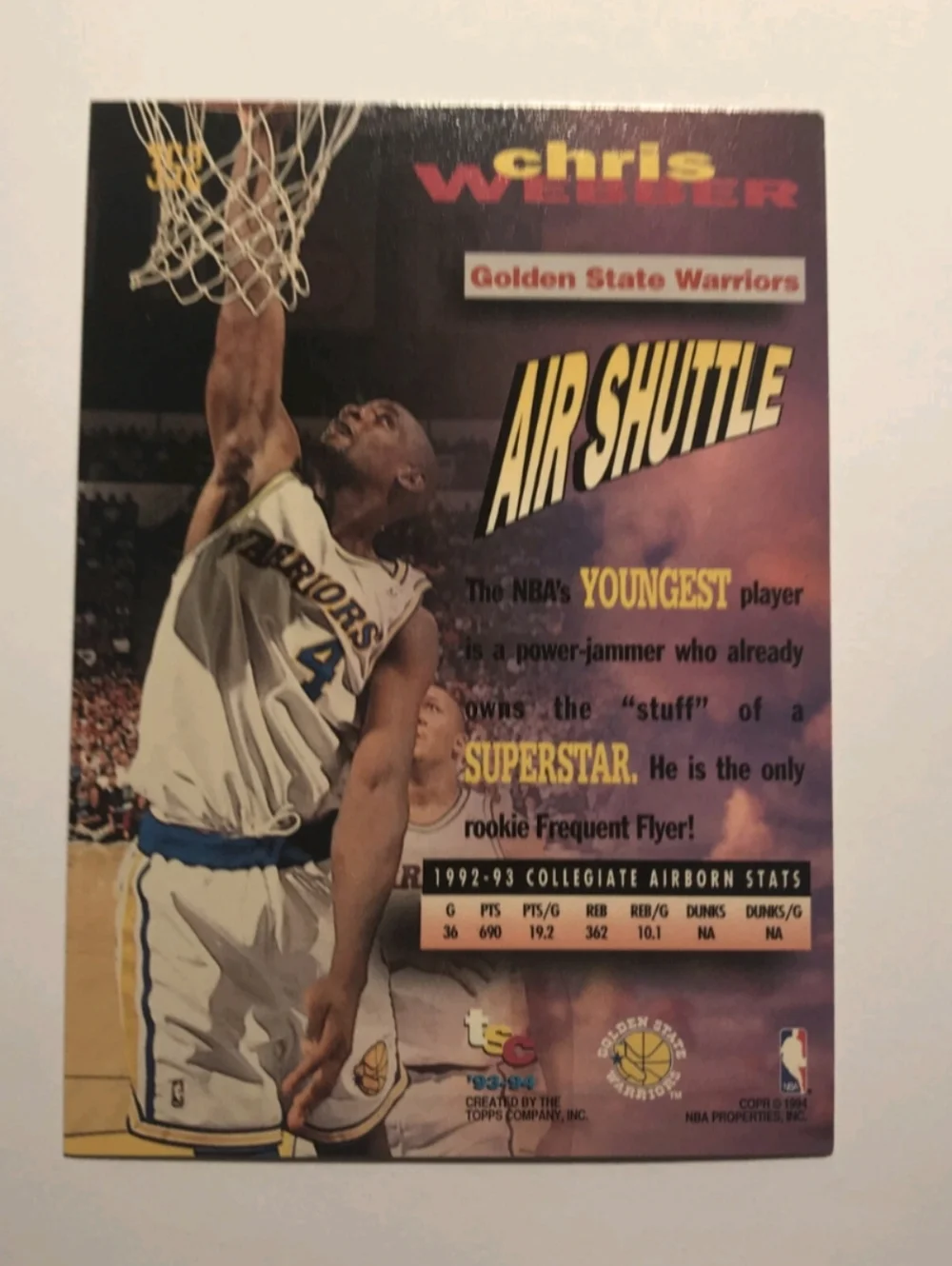 ๐1994 Topps Stadium Club - CHRIS WEBBER Frequent Flyers RC #352 Near Mint - Picture 2 of 8